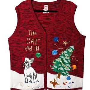 Ugly Christmas Sweater Vest French Bulldog The Cat Did It Plus Size 22W/24W